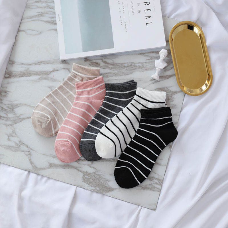 Tất nữ cotton nguyên chất sọc đen trắng, tất mỏng thoáng khí mùa hè, tất dài đa năng cho học sinh, tất thể thao cotton thoải mái.