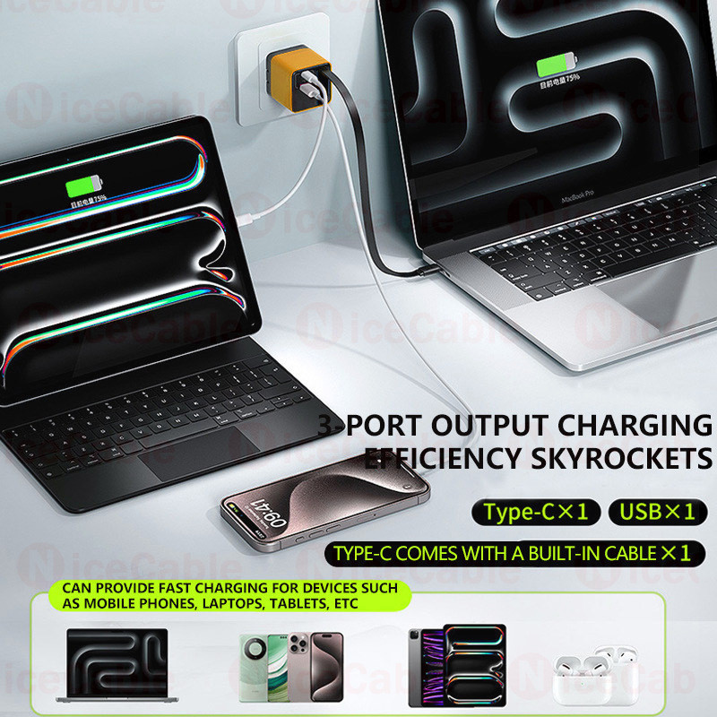 Bộ sạc 3 trong 1 USB + Type C Di động 80W GaN Cắm Bộ sạc nhanh với lò xo 65m Type C Cáp nhanh có thể mở rộng cho điện thoại Máy tính bảng, máy tính xách tay