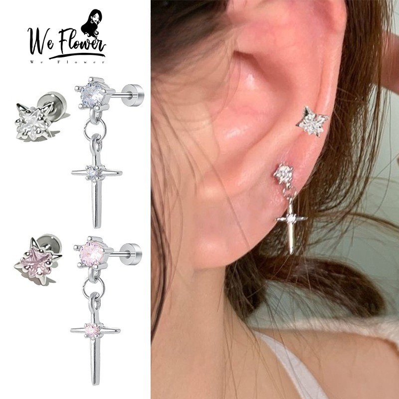 WeFlower Mát Ngọt Ngào s925 Bạc Sáng Pha Lê Chữ Thập Ngôi Sao Vít Bông Tai Nữ Thời Trang Xuyên Tai Trang Sức