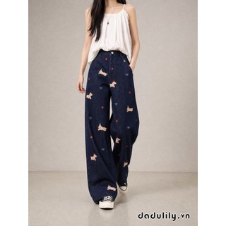 DADULILY Quần Jean Ống Thẳng Thêu Con Chó Con Màu Xanh Cổ Điển Của Mỹ