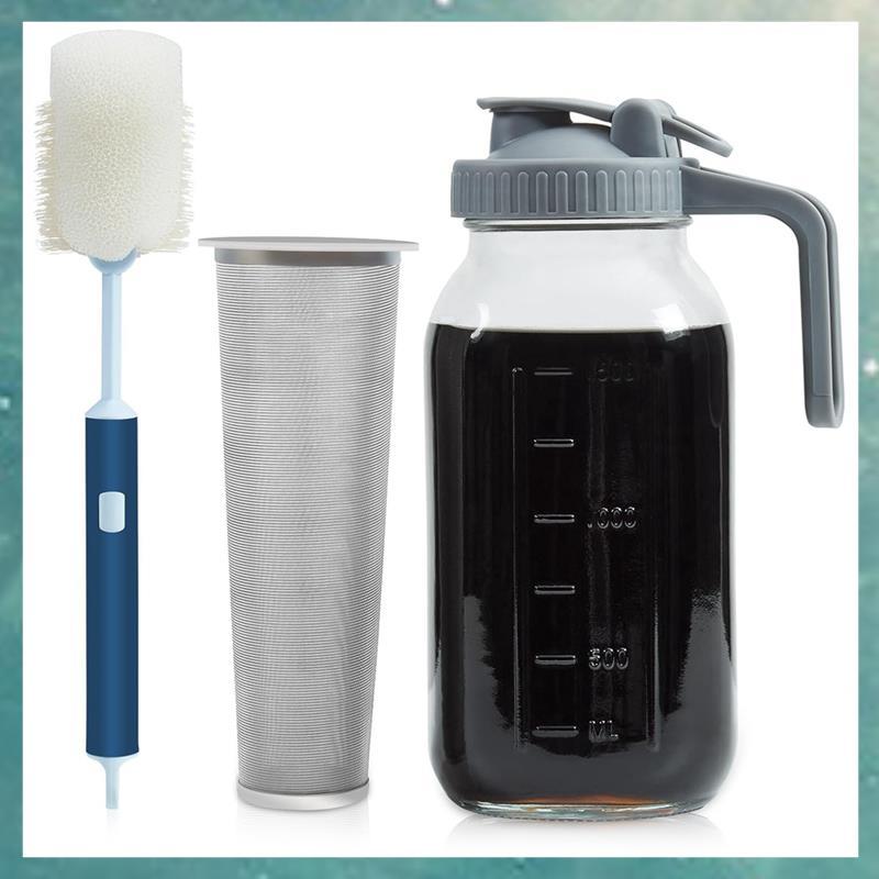 [uhktyltui.vn] Máy pha cà phê Cold Brew Máy pha trà đá Cold Brew Bình đựng cà phê 64Oz, Bình đựng cà phê lạnh bằng thủy tinh dày Nắp nắp lật có tay cầm