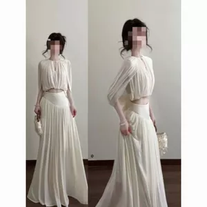 Tính Khí Đẹp Bộ Đồ Hai Mảnh Thiết Kế Nữ Màu Be Xếp Ly Áo Khoác Cao Cấp Váy Kỳ Nghỉ Phù Hợp Với
