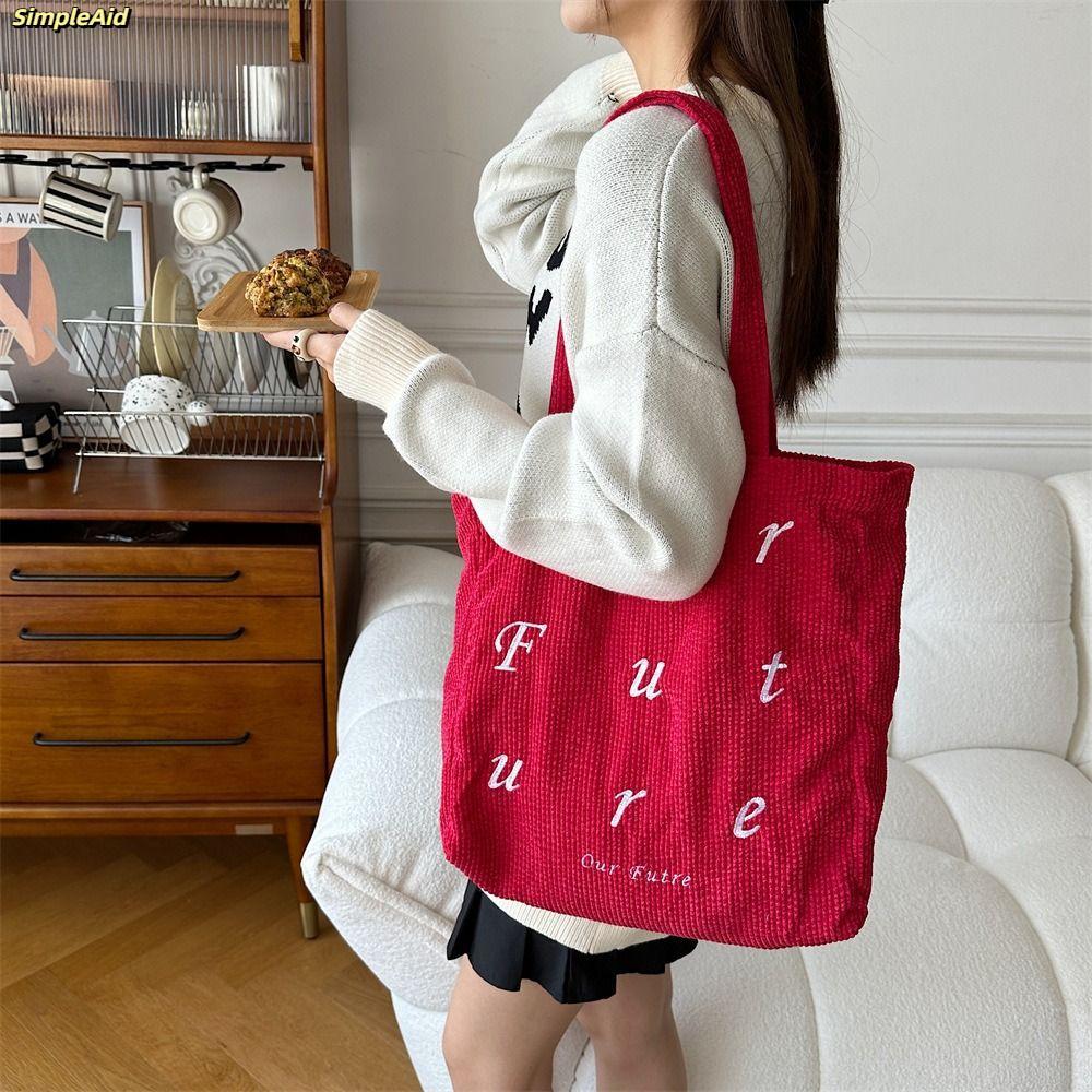 [Vận chuyển nhanh] Túi mua sắm SIMPLEAID, Túi đeo vai thêu chữ dung tích lớn, Túi Tote vải nhung bền cho nữ