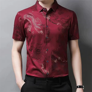 Áo sơ mi nam Trung Quốc cổ điển VN, họa tiết rồng, Đồng phục công sở thông thường có nút, Thích hợp cho các bữa tiệc mùa hè, Madam Superior
