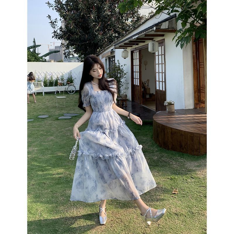 Size Lớn Pháp Phong Cách Nhẹ Nhàng Cổ Vuông Đầm Nữ Mùa Hè Phong Cách Mới Sang Trọng Váy Váy Váy Váy Váy Hoa Dài