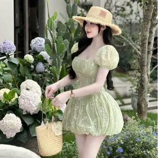 Đầm Tiểu Thư Thêu Hoa Thiết Kế Cổ Vuông Tay Phồng Dáng Bí Bồng Bềnh Ld_Store Fashion