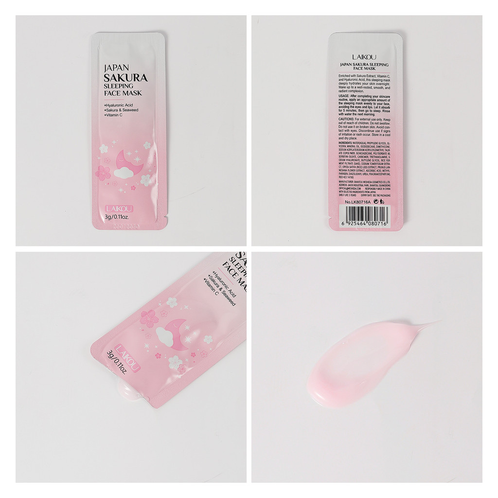 LAIKOU LAIKOU Cherry Blossom Sleeping Mask Sheet 1 Piece 3g Làm sạch lỗ chân lông Mặt nạ ngủ tiếng Anh đầy đủ
