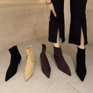 Giày Bốt Ngắn Nữ Mũi Nhọn Stiletto Gót Chân Slip-On Thời Trang Slimm
