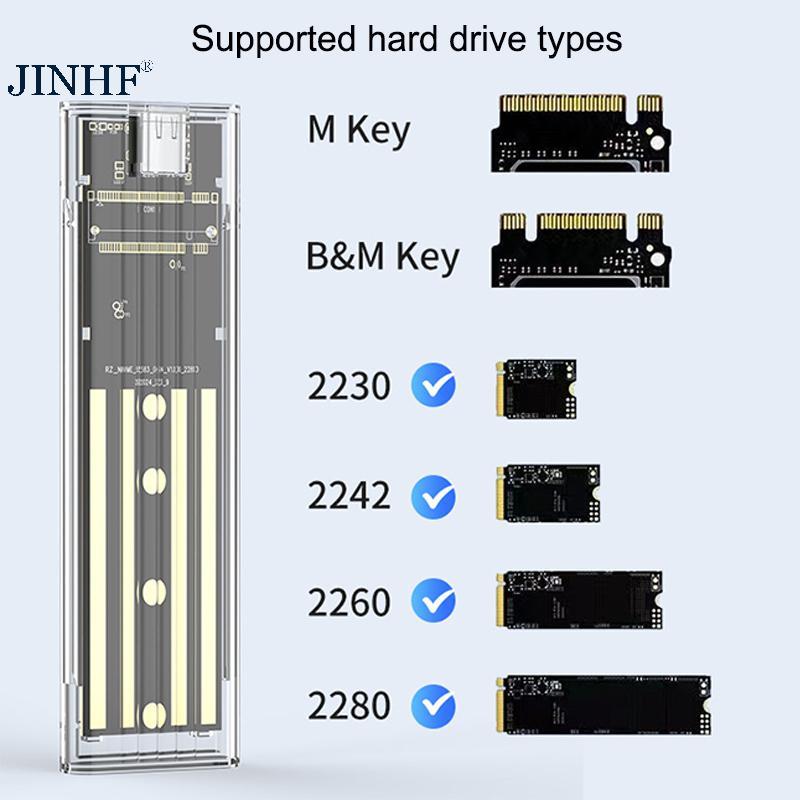 JINHF M.2 NVME PCIe NGFF SATA Protocol Case Clear USB Type C 10Gbps PCI-E Hộp đựng ổ cứng gắn ngoài trong suốt cho điện thoại máy tính xách tay HOT