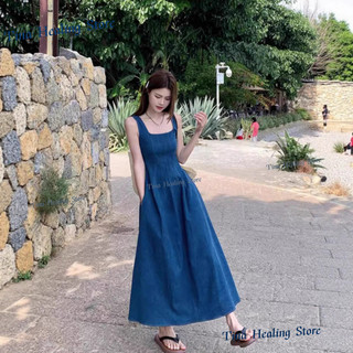 Váy yếm denim không tay màu xanh dành cho nữ, kiểu dáng mùa hè mới, cổ vuông, ôm eo, tôn dáng