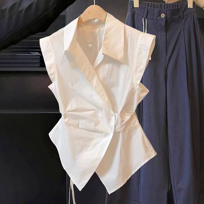 Springevenstar Pháp Tính Khí Ve Áo Áo Sơ Mi Không Tay Sang Trọng Không Đều Eo cinching Top Dành Cho Nữ Springevenstar