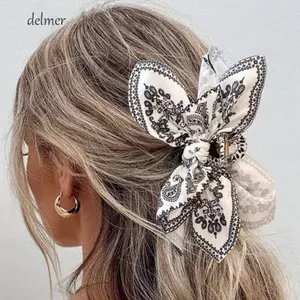 DELMER Nơ Vuốt Tóc, Nơ Kẹp Tóc Hoa Điều Phong Cách Pháp, Vuốt Tóc Lớn Dễ Thương Kẹp Cá Mập Lớn Lấy Kẹp Nơ Dây Tóc Nữ
