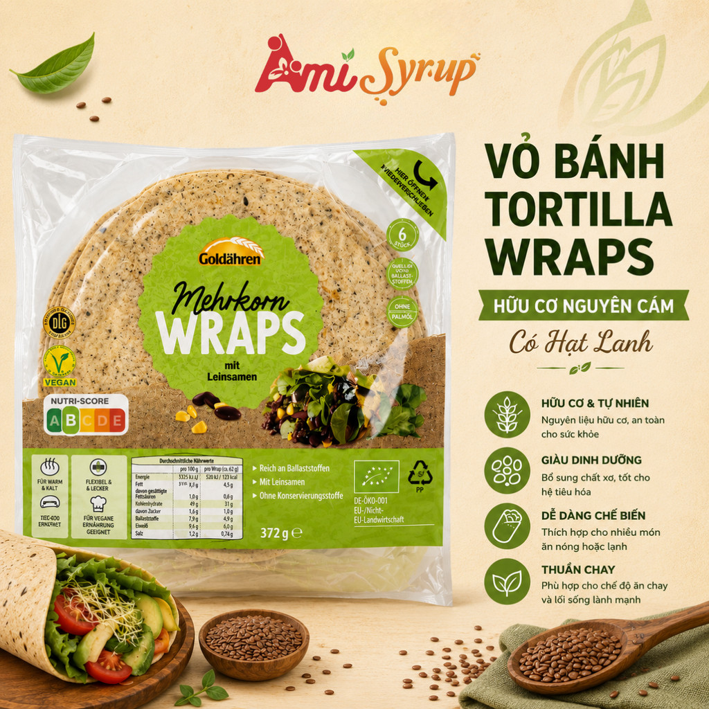Vỏ Bánh Tortilla Wraps Hữu Cơ Nguyên Cám Có Hạt Lanh Gói 372g 6 Miếng Mềm Dẻo Dễ Chế Biến