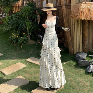 VM-VÁY MAXI 2 DÂY CHẤM BI PHỐI REN TUA BÈO ĐI BIỂN HOT HIT KIỂU PHÁP