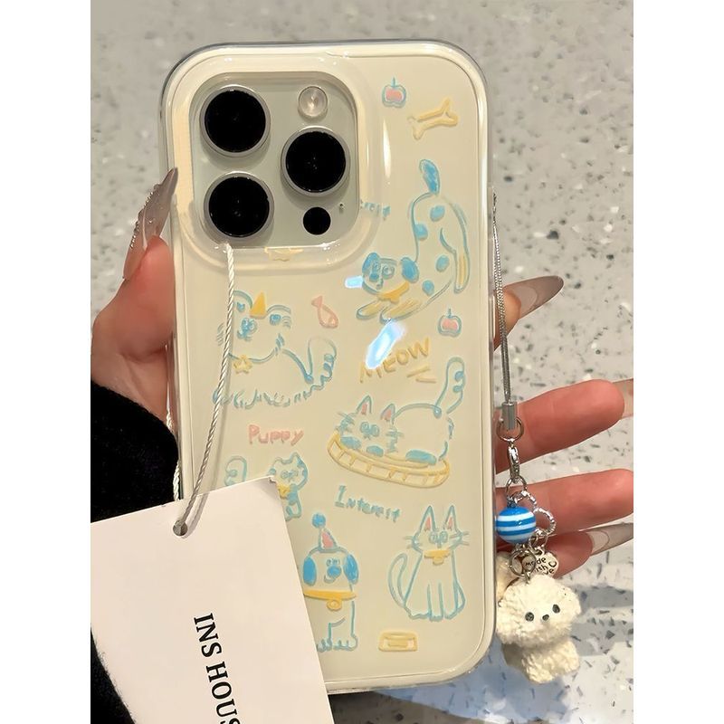 Ốp điện thoại màu xanh Graffiti Cat Dog Apple 16promax iPhone15 / 14 Ốp điện thoại mềm 13 / 12 All-in-One 11 dễ thương