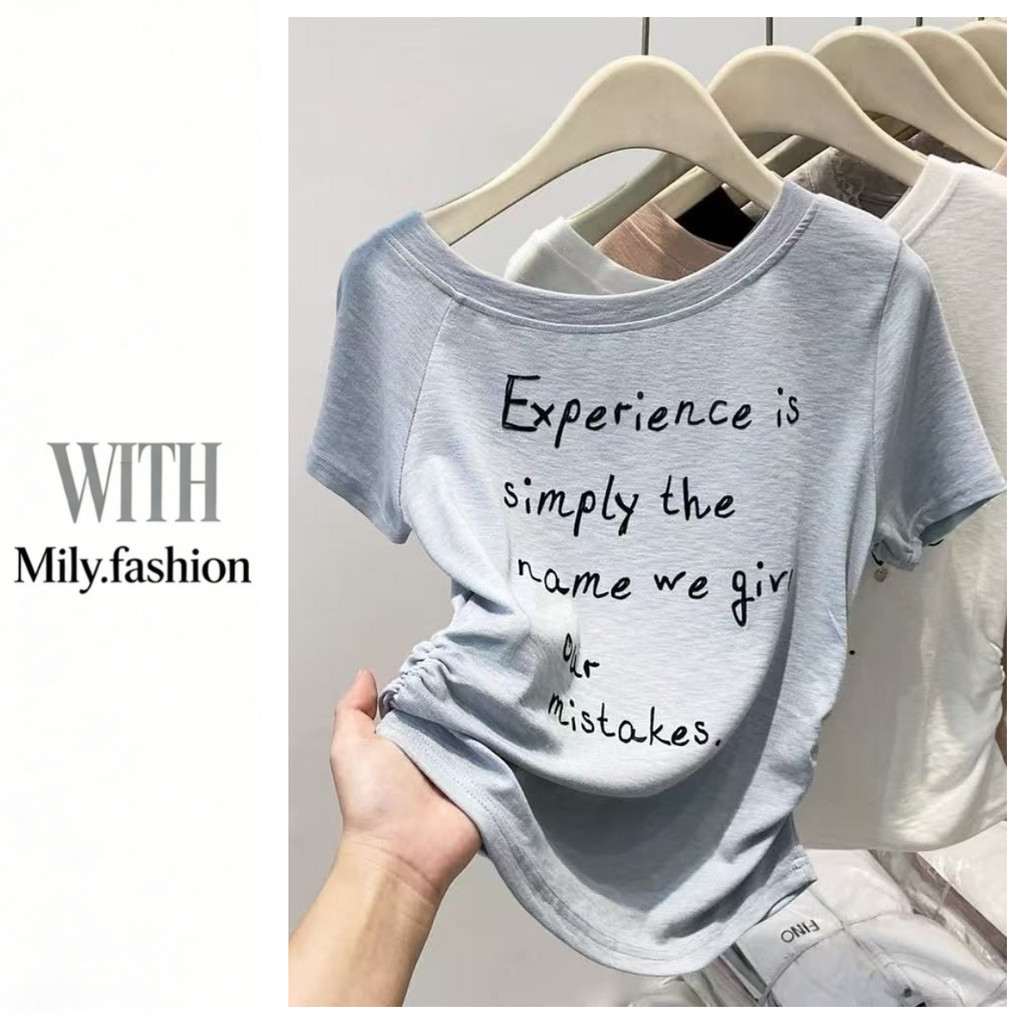 Milyfashion Cotton Nguyên Chất Slanted Vai Mùa Hè In Chữ Ngắn Tay Slim-Fit Áo Thun Không Đều Nẹp Rộng Ôm Hơn Nhìn Ngắn Top