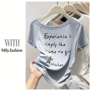 Milyfashion Cotton Nguyên Chất Slanted Vai Mùa Hè In Chữ Ngắn Tay Slim-Fit Áo Thun Không Đều Nẹp Rộng Ôm Hơn Nhìn Ngắn Top