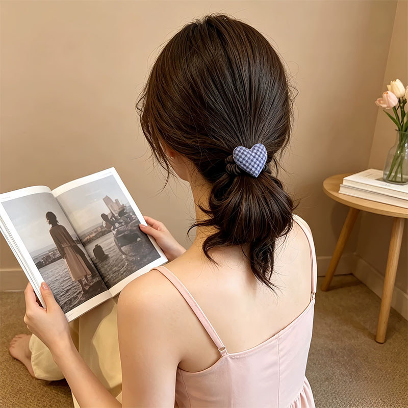 Dây buộc tóc trái tim kẻ sọc, Dây buộc tóc thun trái tim bằng vải ca rô dễ thương, Dây buộc tóc co giãn an toàn không trượt cho nữ