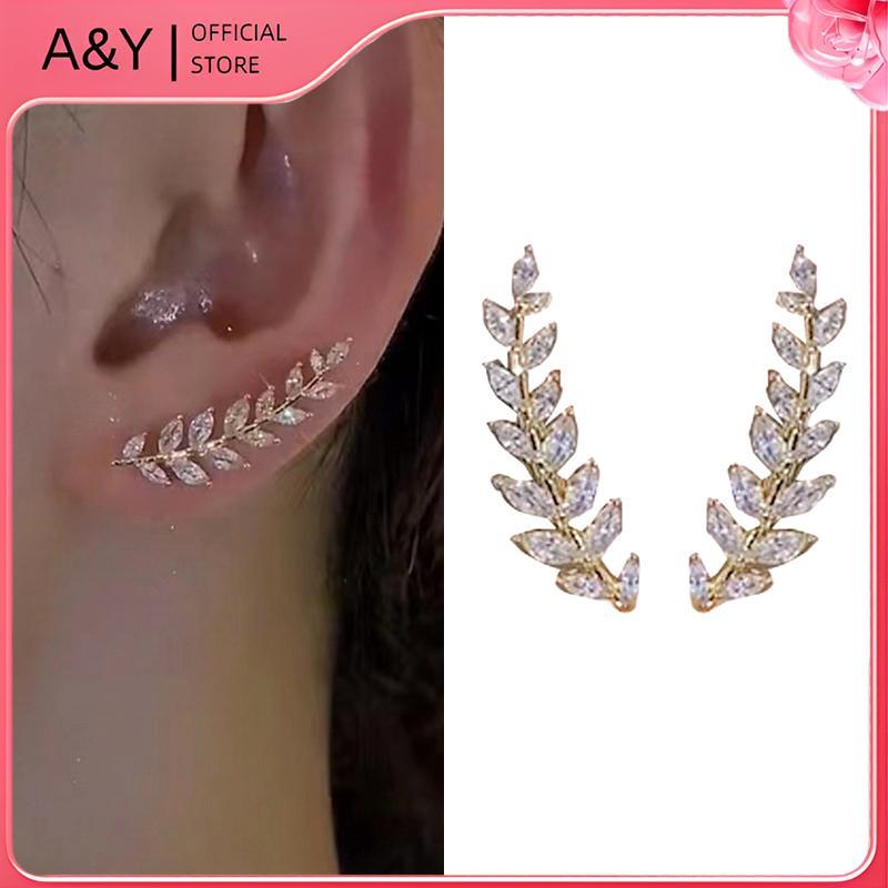 Bông tai hình lá kim cương giả sáng bóng sang trọng A & Y dành cho nữ Bông tai vòng đeo tai lúa mì tinh tế Trang sức cưới.