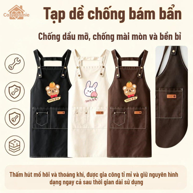 Tạp dề denim cotton, họa tiết dễ thương, thiết kế túi lớn, chống thấm nước, bền và chống dầu