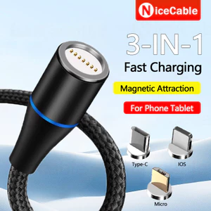 Cáp dữ liệu sạc nhanh 3 trong 1 5A có phích cắm Type-C / Micro / IOS 360° Cáp dữ liệu sạc từ tính có thể xoay Cáp dữ liệu sạc đèn LED dệt