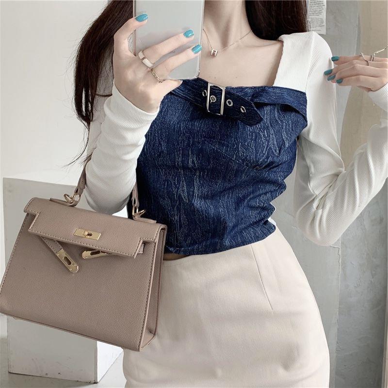 Ngọt Cay Khâu Denim Dài Tay Giả Hai Mảnh Đáy Áo Sơ Mi Nữ Mùa Thu Thiết Kế Niche Pure Desire Ngắn Top