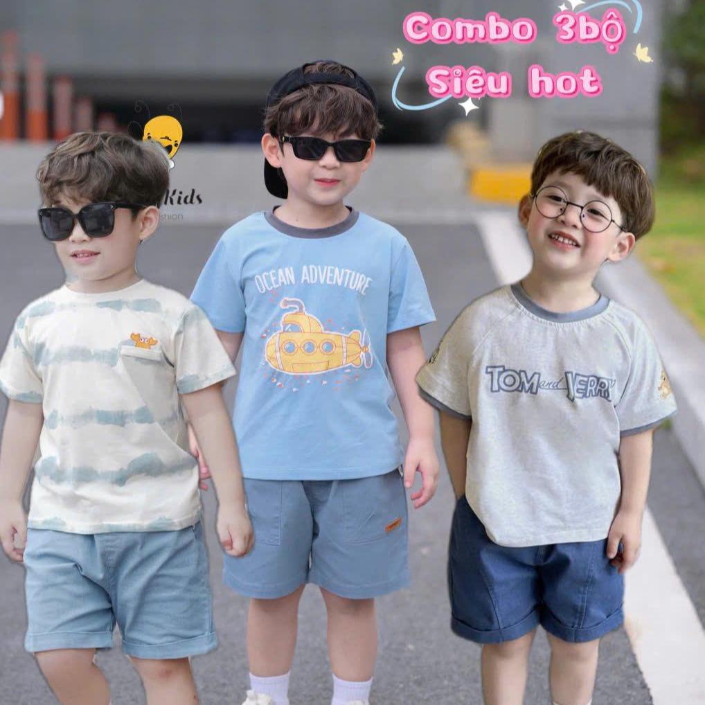 [COMBO 3 Bộ quần áo]  cộc tay  TOM JERY & TÀU NGẦM & LOANG CUA, quần Bò áo chất COTTON 4 chiều siêu co giãn  cho bé trai