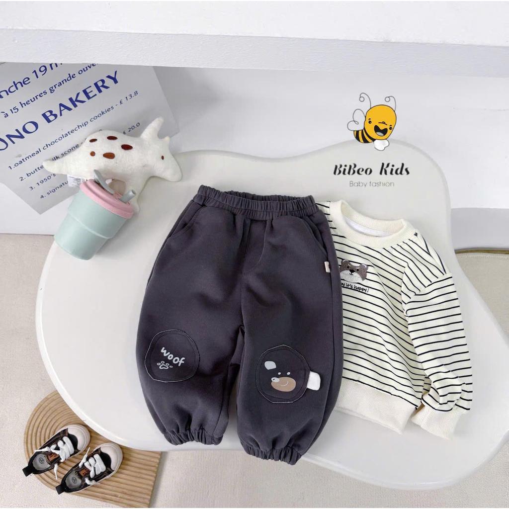 [BiBeo Kids] BỘ QUẦN ÁO NỈ KẺ NGANG TODAY HAPPYY THÊU GẤU cho bé , Bộ thể thao thu đông cho bé