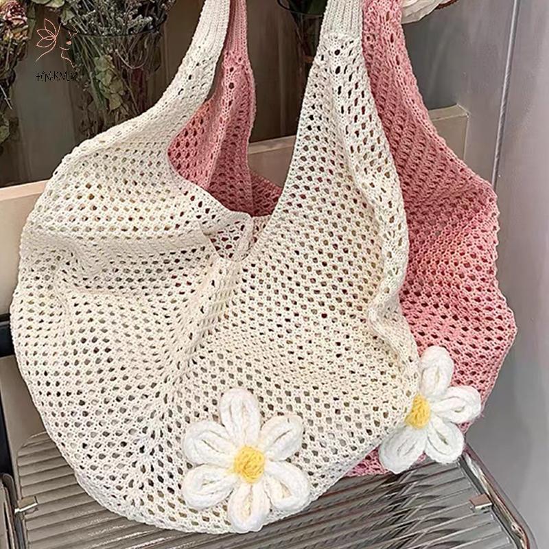 Túi bện nữ HNKMP Túi Tote đeo vai phong cách Hàn Quốc Phong cách lười biếng Túi đi biển hoa rỗng dệt kim.