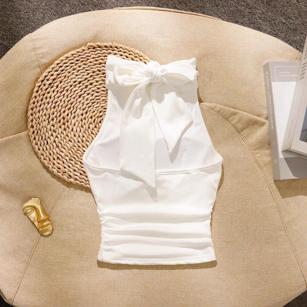 Pure Desire Style Hot Girl Áo yếm không tay Halter Thiết kế xếp li lại Dây đeo eo hẹp Slim-fit Slimmer Look Sang trọng Bên trong bên ngoài hàng đầu