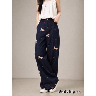 DADULILY Quần Jean Ống Thẳng Thêu Con Chó Con Màu Xanh Cổ Điển Của Mỹ