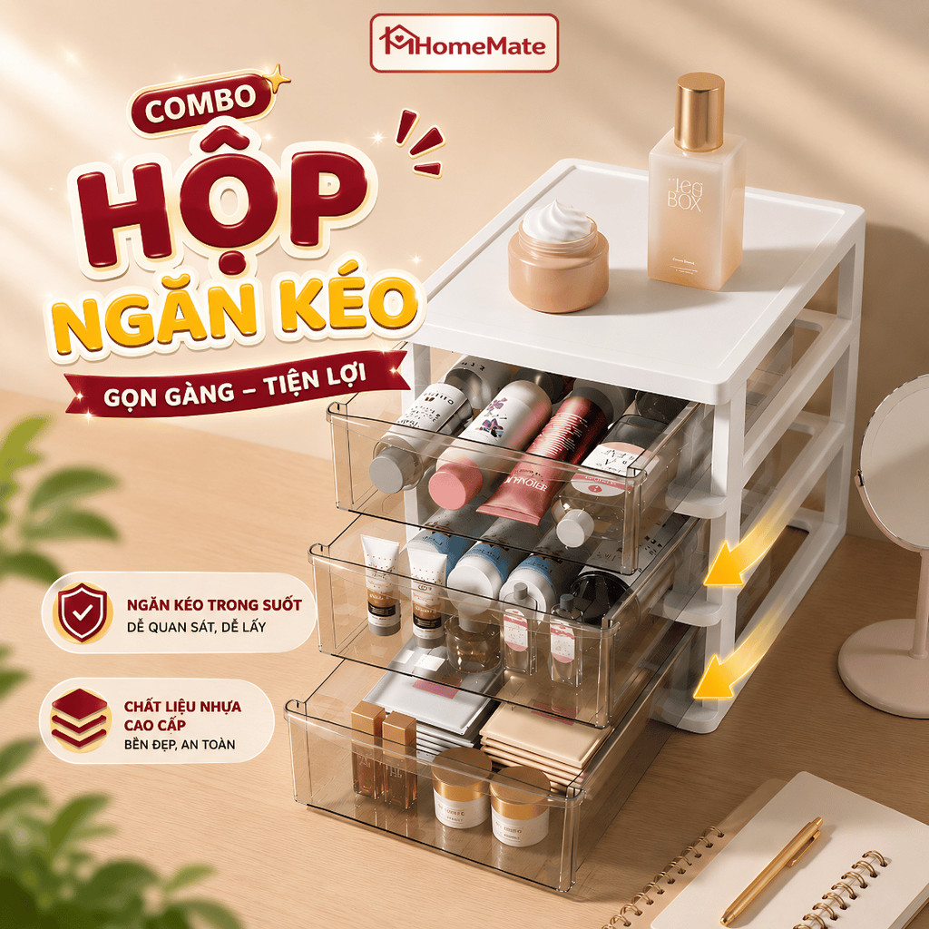 Combo Hộp Ngăn Kéo Để Bàn HomeMate – Hộp Nhựa Đựng Mỹ Phẩm, Tài Liệu, Dụng Cụ Học Tập Xếp Chồng Tiện Lợi