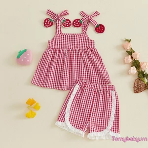 Bộ trang phục mùa hè cho bé gái Áo in hình kẻ sọc không tay + Quần short xếp nếp Bộ 2 chiếc