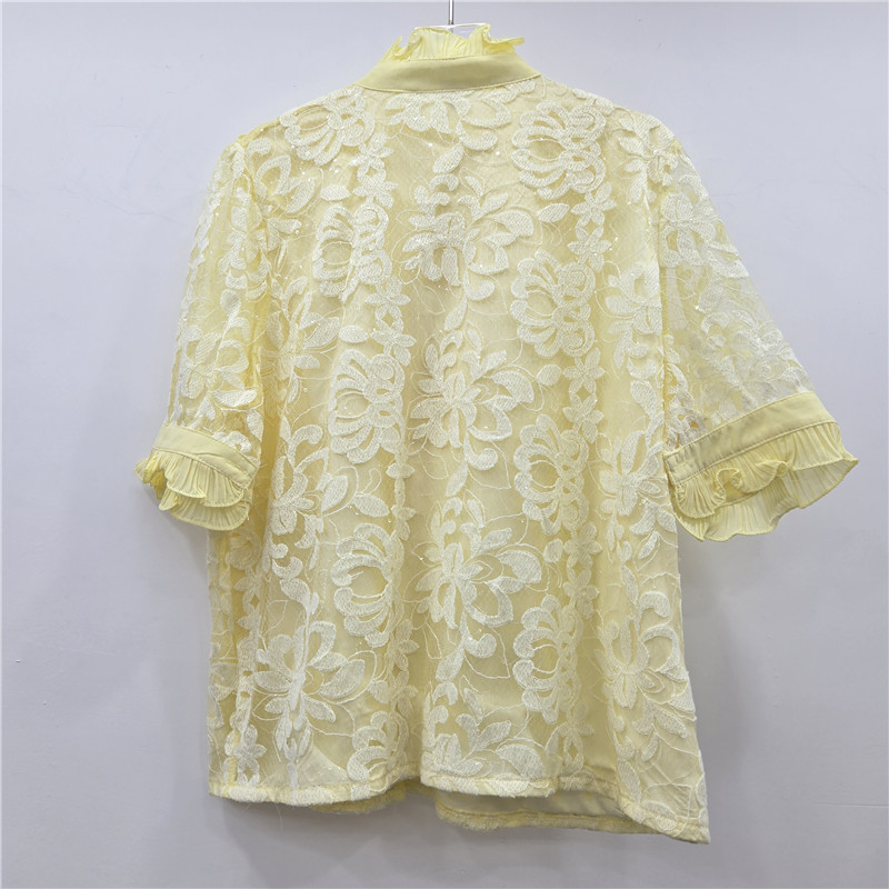Cung Điện Retro Ánh Sáng Sang Trọng Người Nổi Tiếng Giảm Tuổi Rỗng Ren Khâu Xù Đứng Cổ Áo Sơ Mi Nữ Cao Cấp Top Hợp Thời Trang