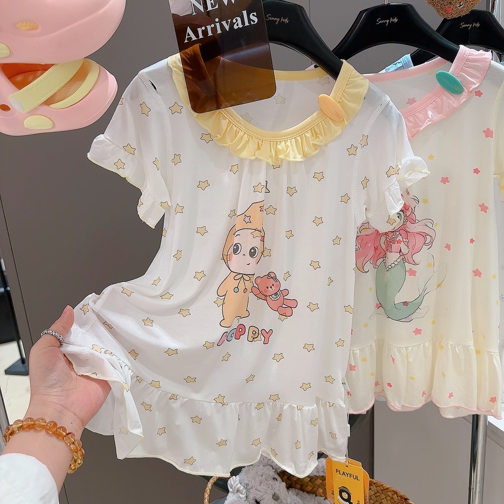 Hoạt Hình In Hình Bé Gái Váy Ngủ Modal Ren Mỏng Tay Ngắn Phong Cách Mùa Hè 80-160 Kích Thước 2WGN