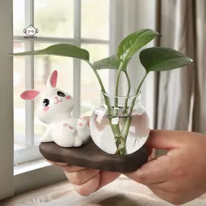 Maybest Thỏ Dễ Thương Bình Thủy Canh Bình Thủy Tinh Trong Suốt Để Bàn Trang Trí Bình Hoa Thủy Sinh Có Đế Gỗ {VN}