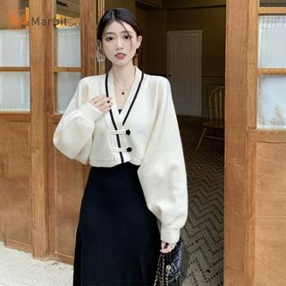Cardigan len cổ màu sắc tương phản, thiết kế batwing tay, sang trọng mới