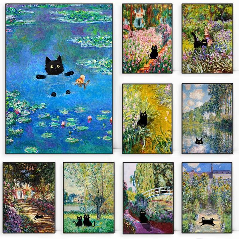 Claude Monet Tác Phẩm Nghệ Thuật Thú Vị Mèo Đen Dễ Thương Lotus Pond Poster Canvas Tranh Treo Tường Nghệ Thuật Hình Ảnh Cho Phòng Khách Trang Trí Nhà Không Khung