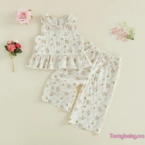 Trang phục mùa hè cho bé gái Áo viền xù không tay in hình dễ thương + Quần ống rộng Bộ 2 món