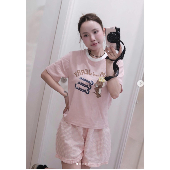 SET ÁO PHÔNG TOM&JERRY KÈM QUẦN ĐÙI KẺ HỒNG FREESIZE