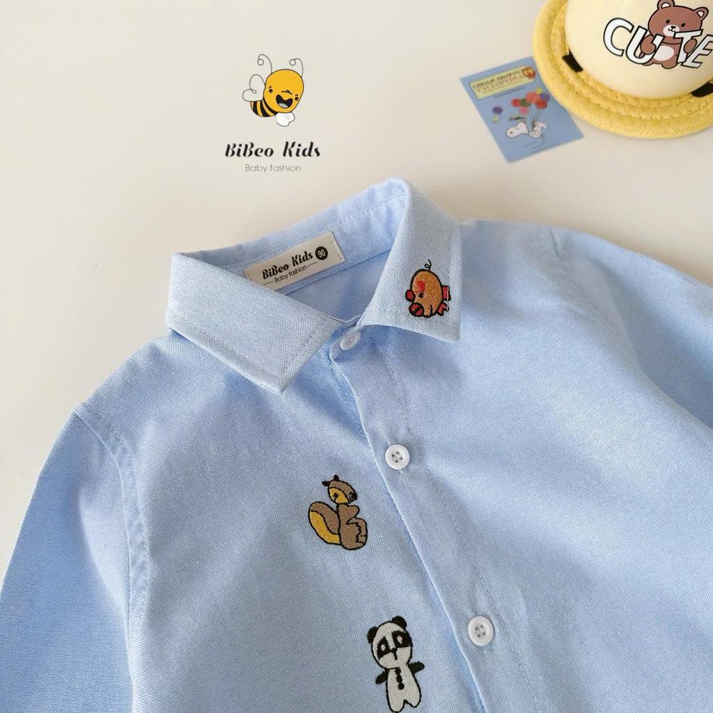 [BiBeo Kids] ÁO SƠ MI XANH THÊU HÌNH NGỘ NGHĨNH  cho bé trai, Áo sơmi dài tay cho bé trai