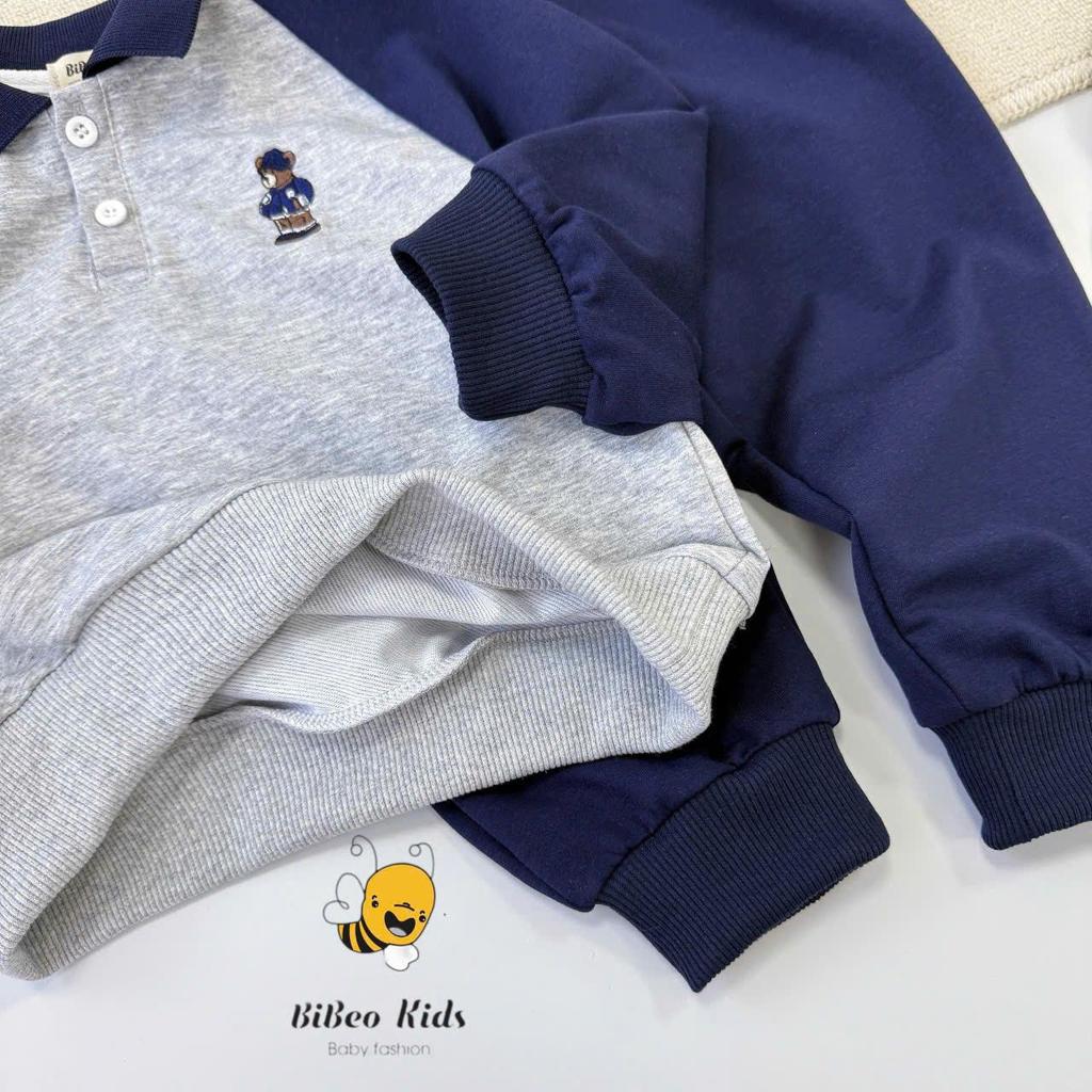 [BiBeo Kids] Bộ Quần Áo POLO THU ĐÔNG THÊU GẤU  cho bé trai ,Bộ quần áo dài tay cho bé