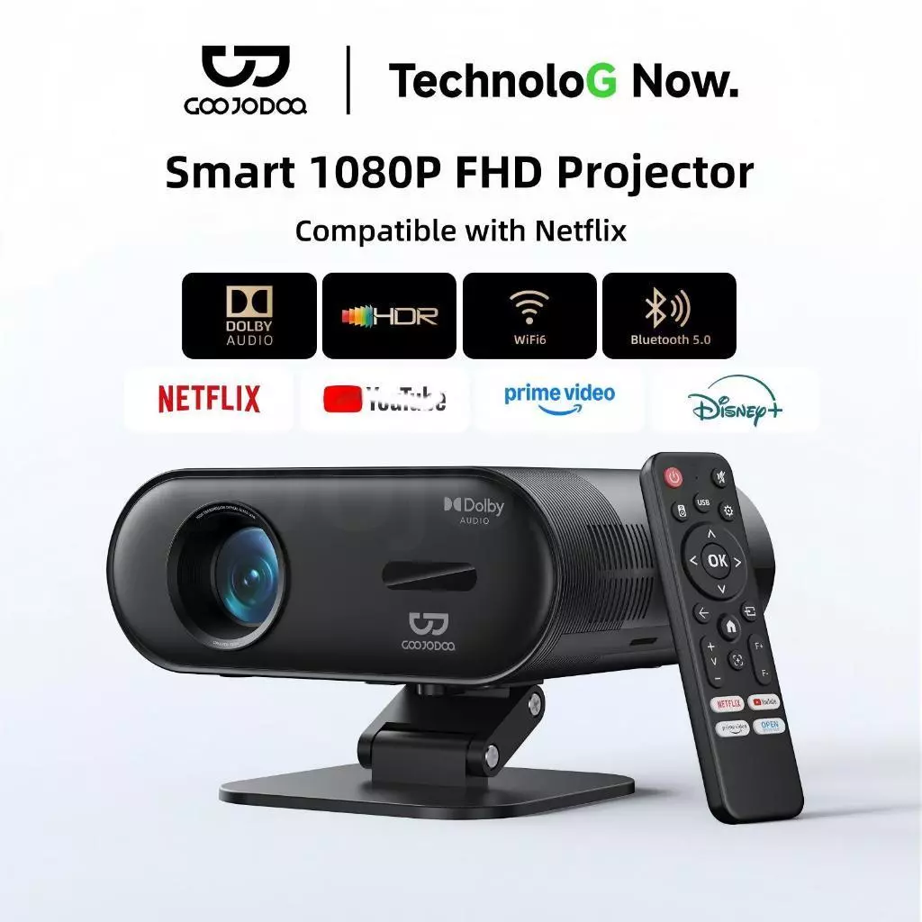 Máy Chiếu Native 1080P GOOJODOQ Độ Sáng 300 ANSI, 4K, HDR, Hỗ Trợ Netflix,Chỉnh Hình Tự Động