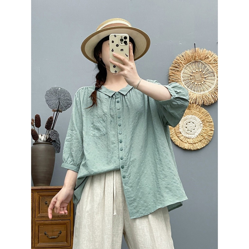 [Sẵn sàng] Áo sơ mi nữ 100% cotton chất lượng cao Áo sơ mi cotton bong bóng đơn giản mùa hè mới màu trơn Áo sơ mi ngắn tay đa năng