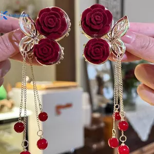 Kudosation 1 Vintage Thanh Lịch Màu Đỏ Floed Hoa Hồng sel Kẹp Tóc Thời Trang Đuôi Ngựa Móng Vuốt Cua Kẹp Cho Bé Gái Nữ Tinh Tế Phụ Kiện Tóc Đẹp