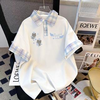 [Hàng mới về] Áo sơ mi POLO in hình hoạt hình dễ thương Áo thun ngắn tay mùa hè Phong cách Preppy Màu sắc tương phản Khâu ve áo
