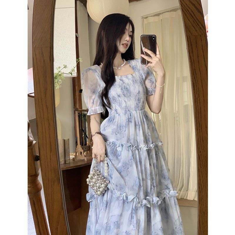 Size Lớn Pháp Phong Cách Nhẹ Nhàng Cổ Vuông Đầm Nữ Mùa Hè Phong Cách Mới Sang Trọng Váy Váy Váy Váy Váy Hoa Dài