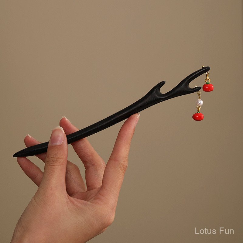 Wan Persimmon Ruyi - Kẹp tóc và mặt dây chuyền hồng làm từ gỗ đàn hương, phụ kiện tóc cổ điển cho hanfu