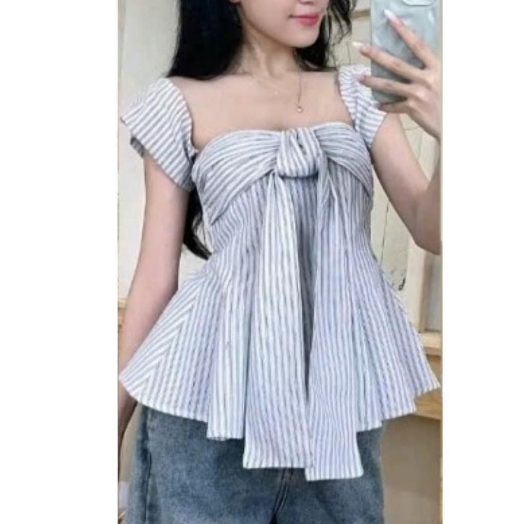 Áo trễ vai tay bồng (có mút ngực) dáng xòe thắt nơ to trước ngực phong cách sexy tiểu thư GU STORE