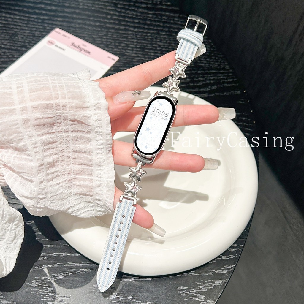 Dây Da Ngôi Sao Kim Cương Cho Xiaomi Mi Band 10 9 8 7 6 5 4 3 Dây Da Mỏng Cho Miband 10pro Sọc Vòng Tay Vải